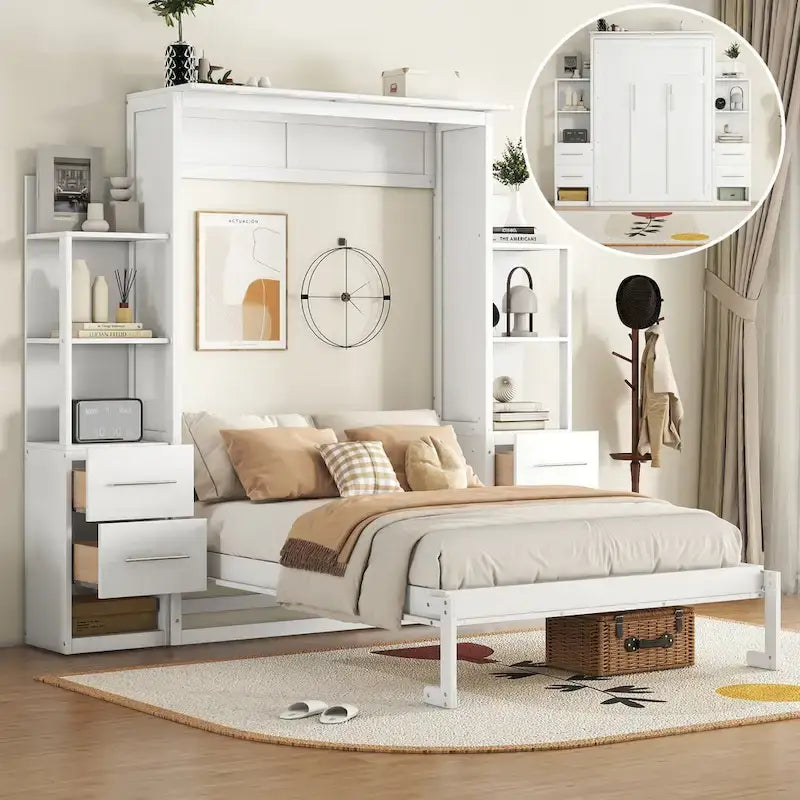 Lit mural escamotable pleine grandeur avec armoire, étagères, tiroirs et lumières LED