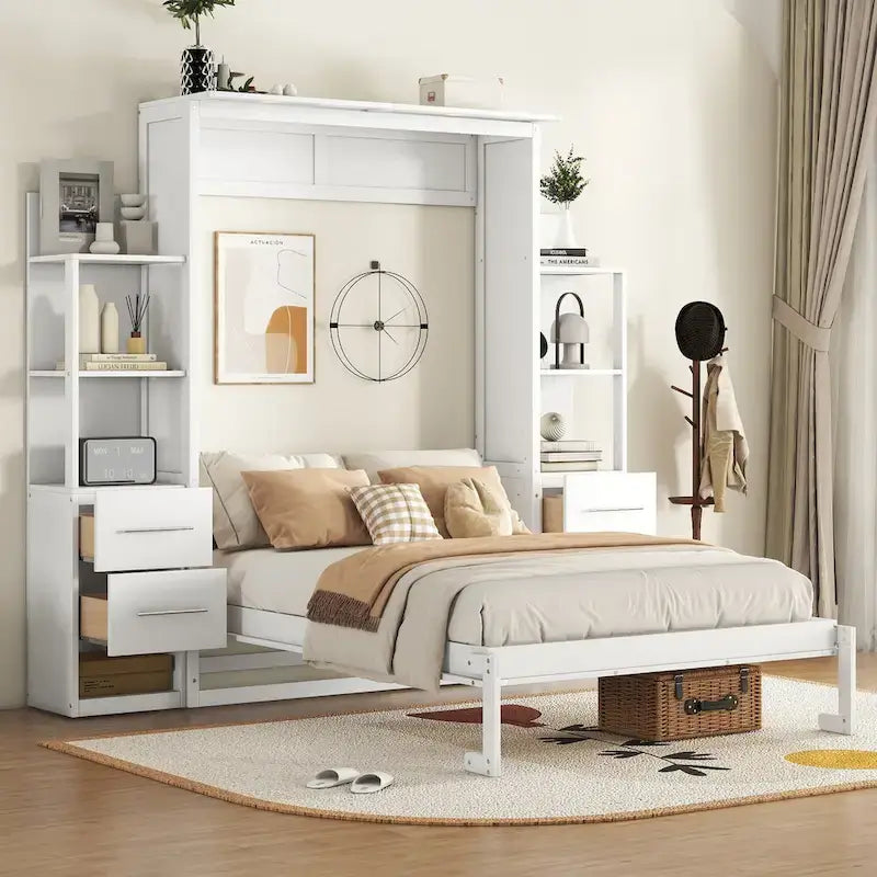 Lit mural escamotable pleine grandeur avec armoire, étagères, tiroirs et lumières LED