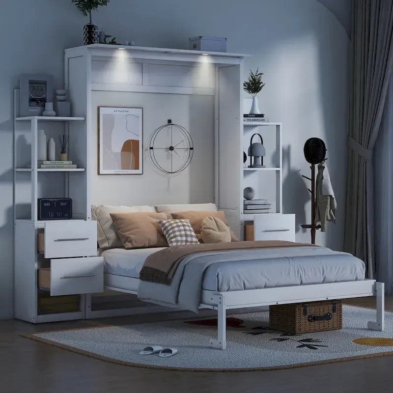 Lit mural escamotable pleine grandeur avec armoire, étagères, tiroirs et lumières LED