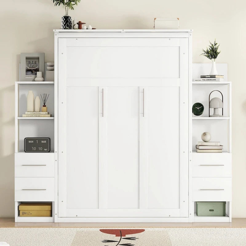 Lit mural escamotable pleine grandeur avec armoire, étagères, tiroirs et lumières LED