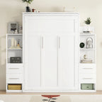 Lit mural escamotable pleine grandeur avec armoire, étagères, tiroirs et lumières LED