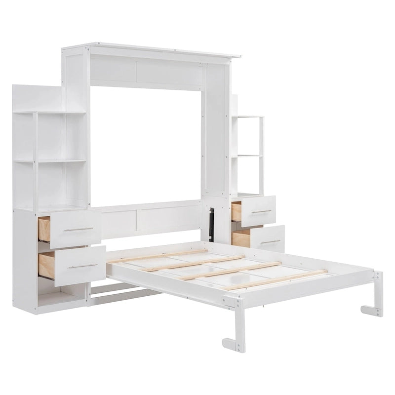 Lit mural escamotable pleine grandeur avec armoire, étagères, tiroirs et lumières LED