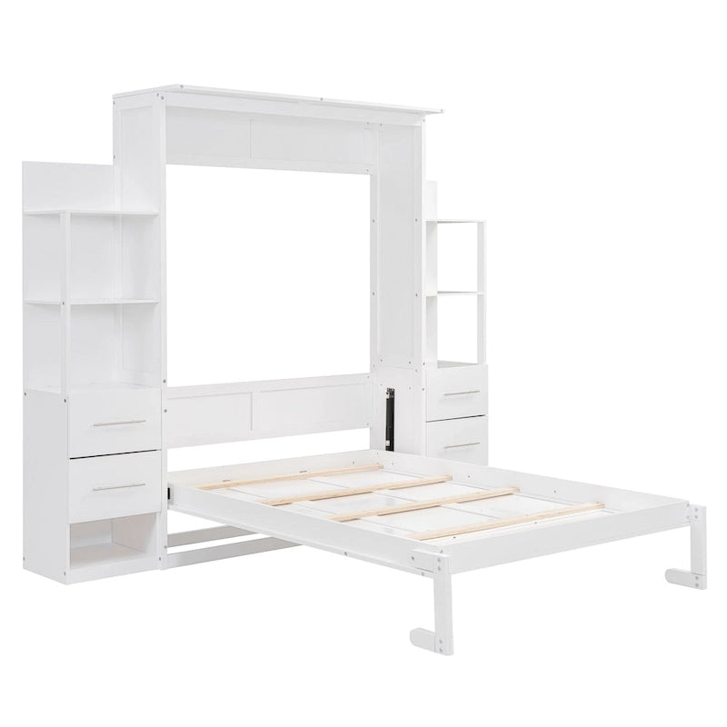 Lit mural escamotable pleine grandeur avec armoire, étagères, tiroirs et lumières LED