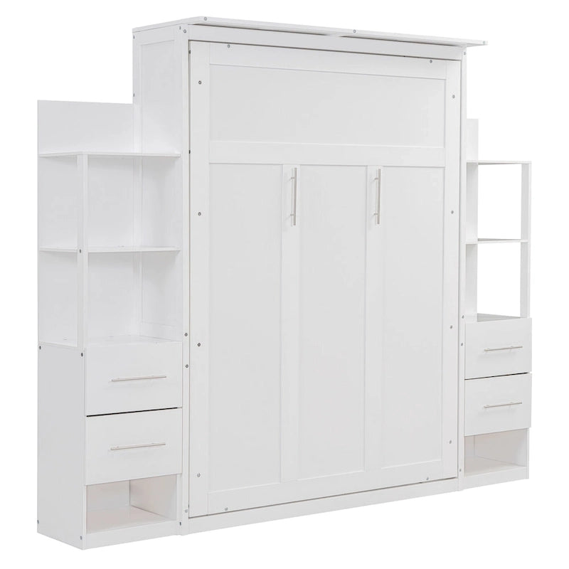 Lit mural escamotable pleine grandeur avec armoire, étagères, tiroirs et lumières LED