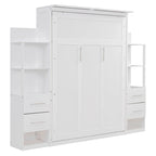 Lit mural escamotable pleine grandeur avec armoire, étagères, tiroirs et lumières LED