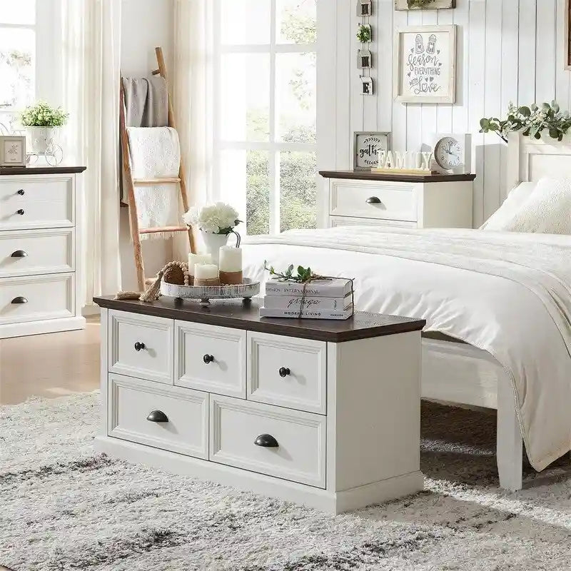 Commode de style rustique à 5 tiroirs avec glissières à billes – 45 po (L) x 15,86 po (P) x 21,14 po (H)