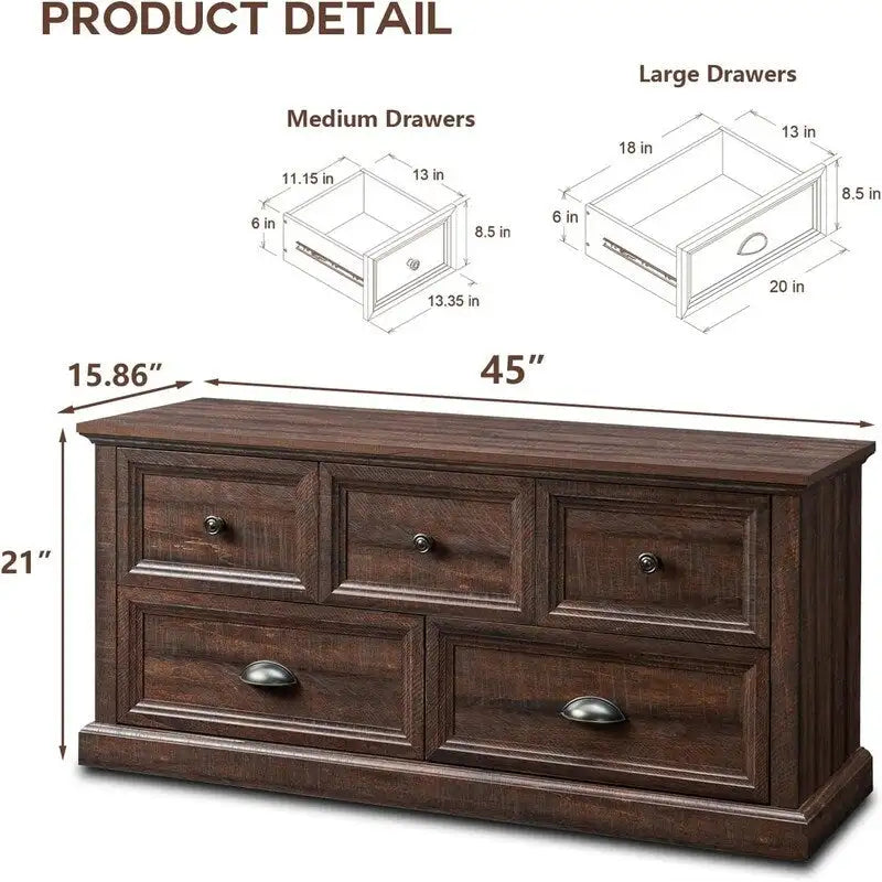 Commode de style rustique à 5 tiroirs avec glissières à billes – 45 po (L) x 15,86 po (P) x 21,14 po (H)