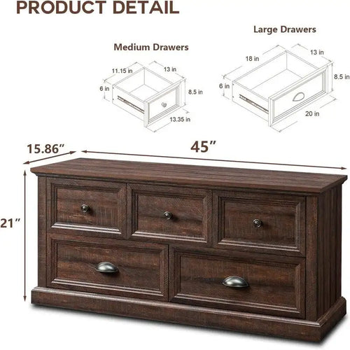 Commode de style rustique à 5 tiroirs avec glissières à billes – 45 po (L) x 15,86 po (P) x 21,14 po (H)