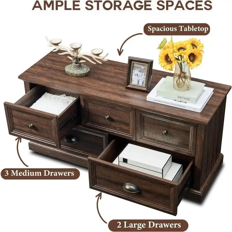 Commode de style rustique à 5 tiroirs avec glissières à billes – 45 po (L) x 15,86 po (P) x 21,14 po (H)