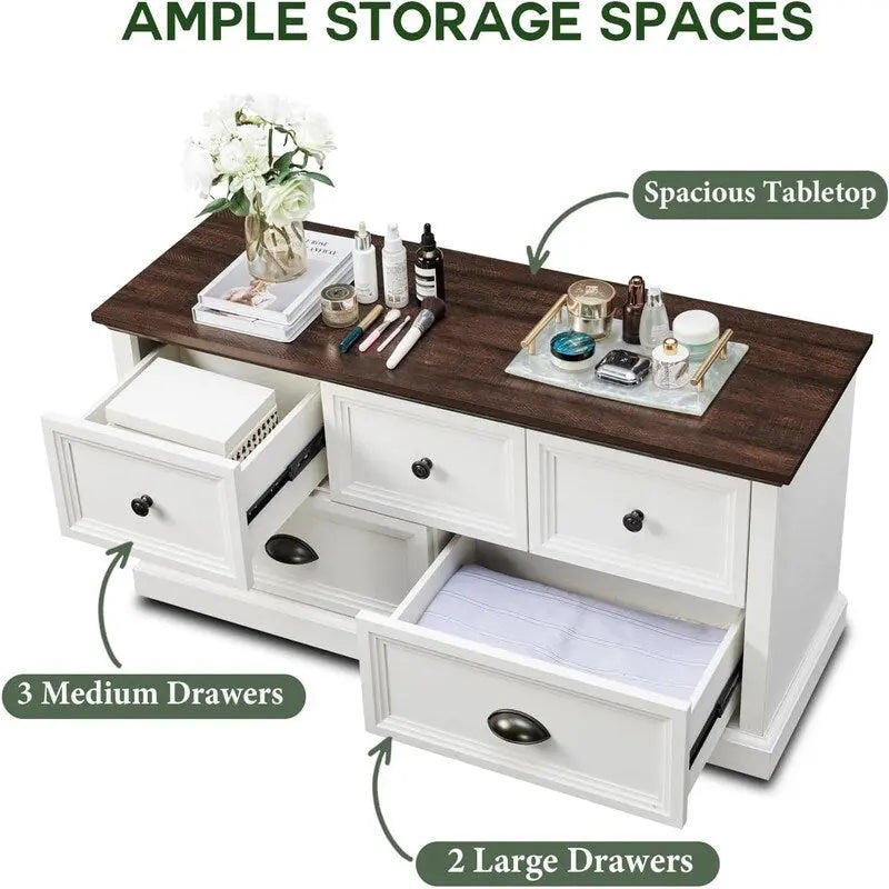 Commode de style rustique à 5 tiroirs avec glissières à billes – 45 po (L) x 15,86 po (P) x 21,14 po (H)