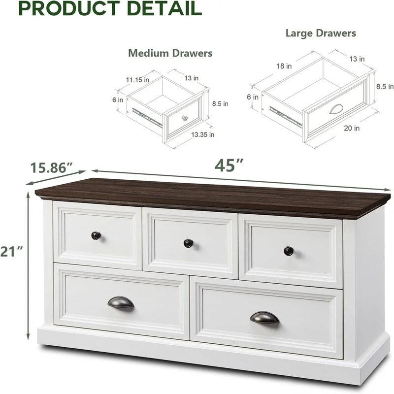 Commode de style rustique à 5 tiroirs avec glissières à billes – 45 po (L) x 15,86 po (P) x 21,14 po (H)