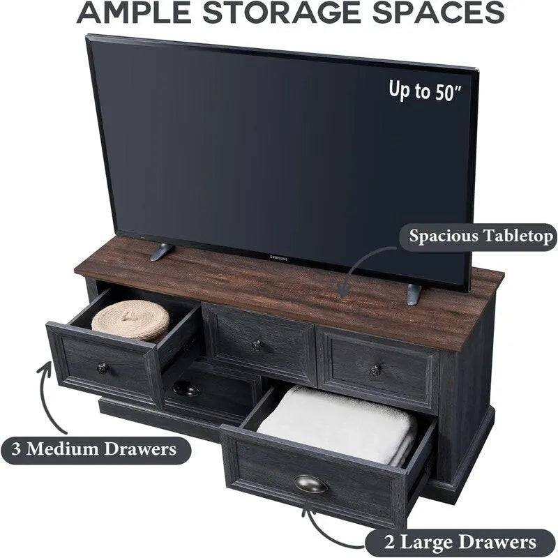 Commode de style rustique à 5 tiroirs avec glissières à billes – 45 po (L) x 15,86 po (P) x 21,14 po (H)