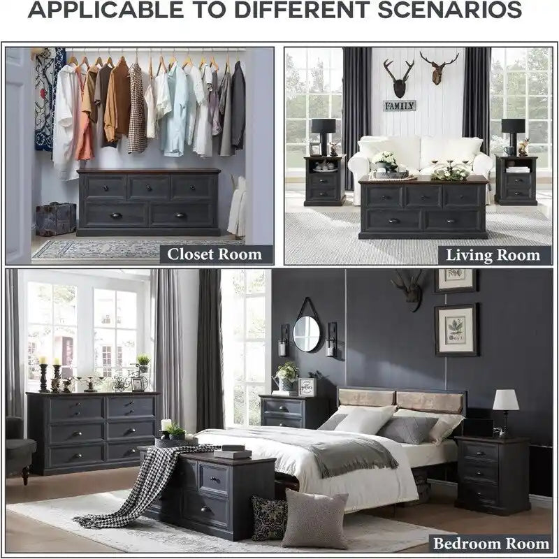 Commode de style rustique à 5 tiroirs avec glissières à billes – 45 po (L) x 15,86 po (P) x 21,14 po (H)