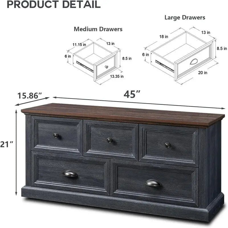 Commode de style rustique à 5 tiroirs avec glissières à billes – 45 po (L) x 15,86 po (P) x 21,14 po (H)
