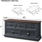 Commode de style rustique à 5 tiroirs avec glissières à billes – 45 po (L) x 15,86 po (P) x 21,14 po (H)