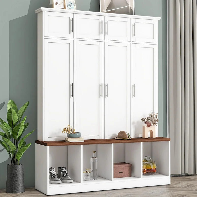 Porte-manteau haut en bois avec 8 placards et 4 compartiments ouverts