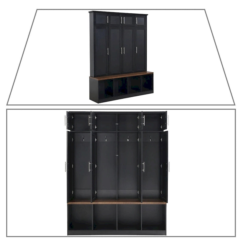 Porte-manteau haut en bois avec 8 placards et 4 compartiments ouverts