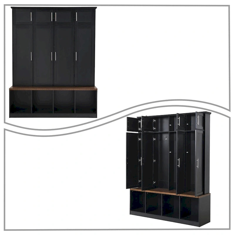 Porte-manteau haut en bois avec 8 placards et 4 compartiments ouverts