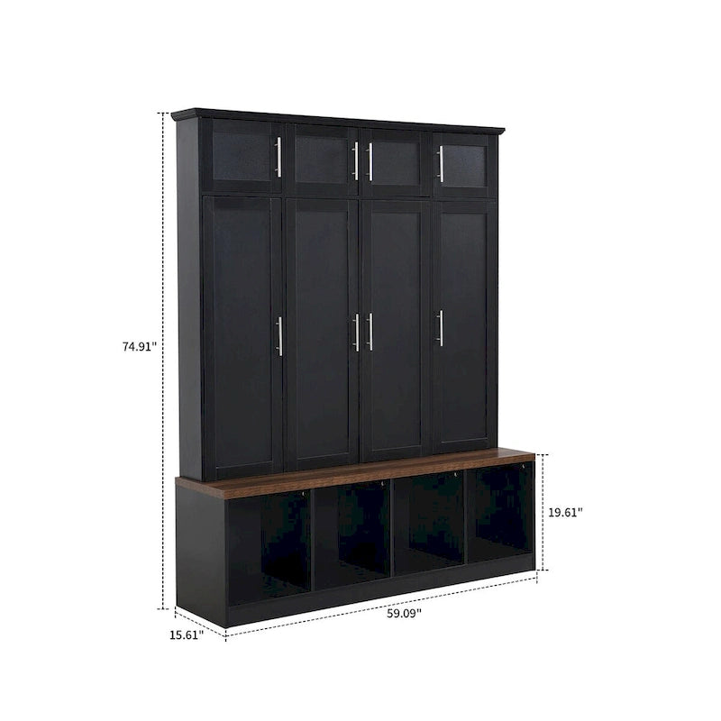 Porte-manteau haut en bois avec 8 placards et 4 compartiments ouverts