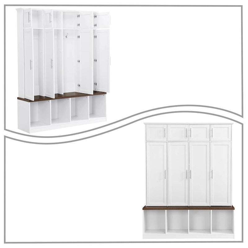 Porte-manteau haut en bois avec 8 placards et 4 compartiments ouverts
