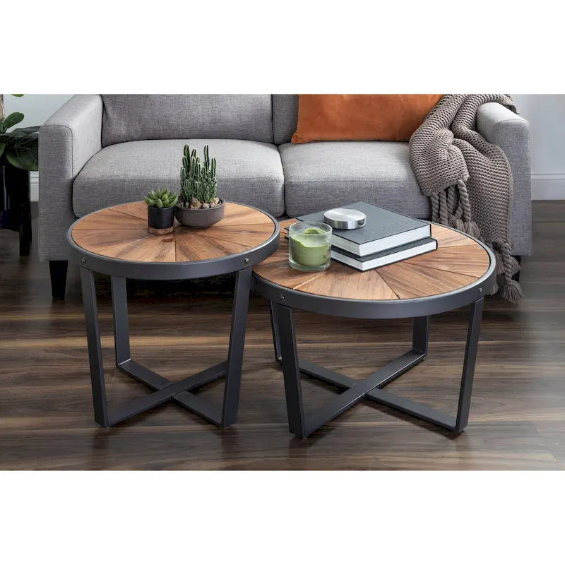 Table basse ronde avec plateau en bois et pieds en métal - 24x24x15.5