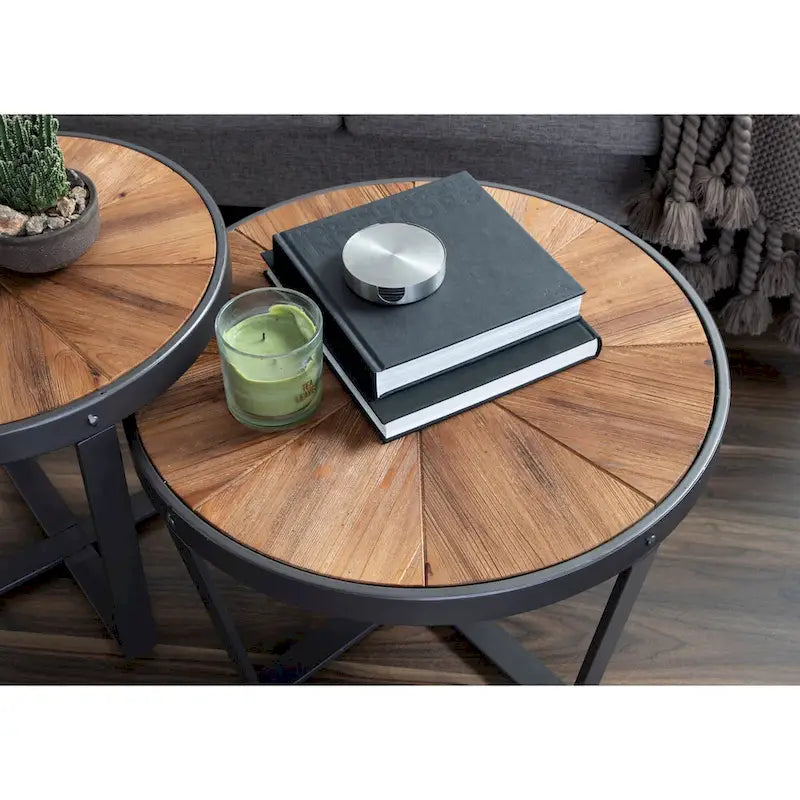 Table basse ronde avec plateau en bois et pieds en métal - 24x24x15.5