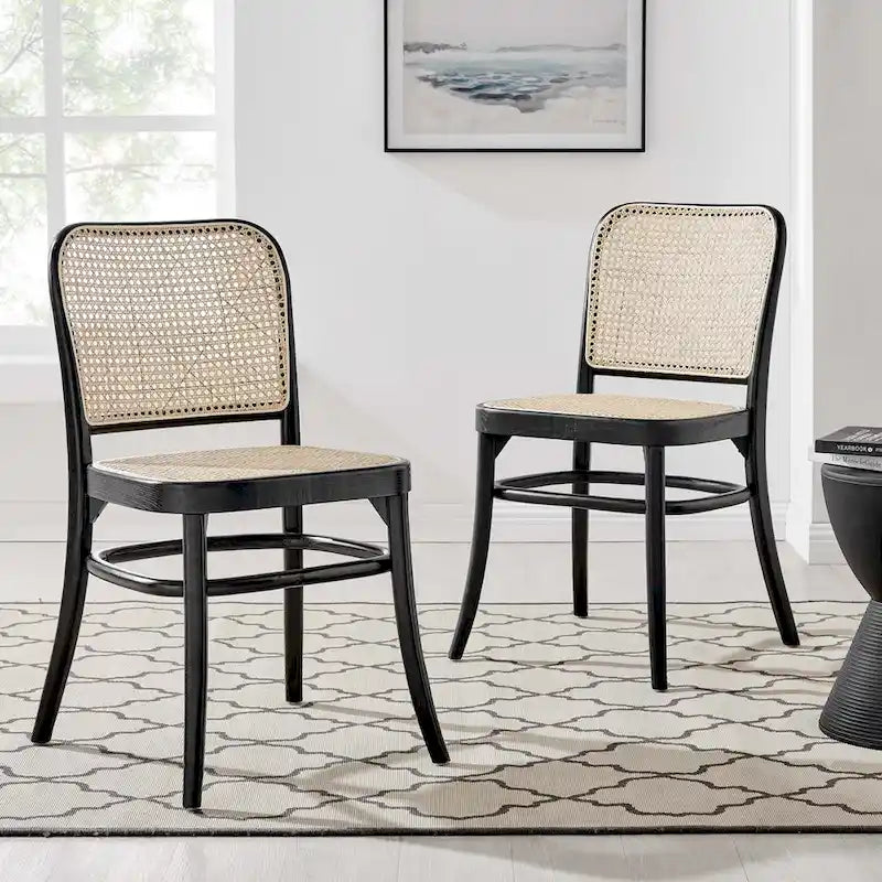 Lot de 2 chaises de salle à manger en bois avec dossier en rotin
