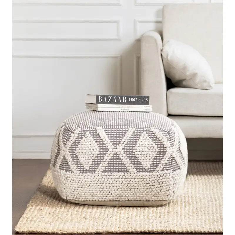 Pouf ottoman carré gris et ivoire de 56 x 56 x 41 cm – Repose-pieds et siège d'appoint pour le salon, la chambre et la chambre d'enfant.
