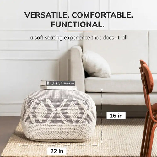 Pouf ottoman carré gris et ivoire de 56 x 56 x 41 cm – Repose-pieds et siège d'appoint pour le salon, la chambre et la chambre d'enfant.