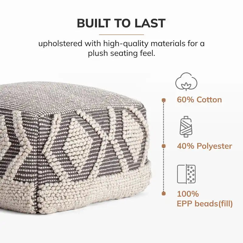 Pouf ottoman carré gris et ivoire de 56 x 56 x 41 cm – Repose-pieds et siège d'appoint pour le salon, la chambre et la chambre d'enfant.