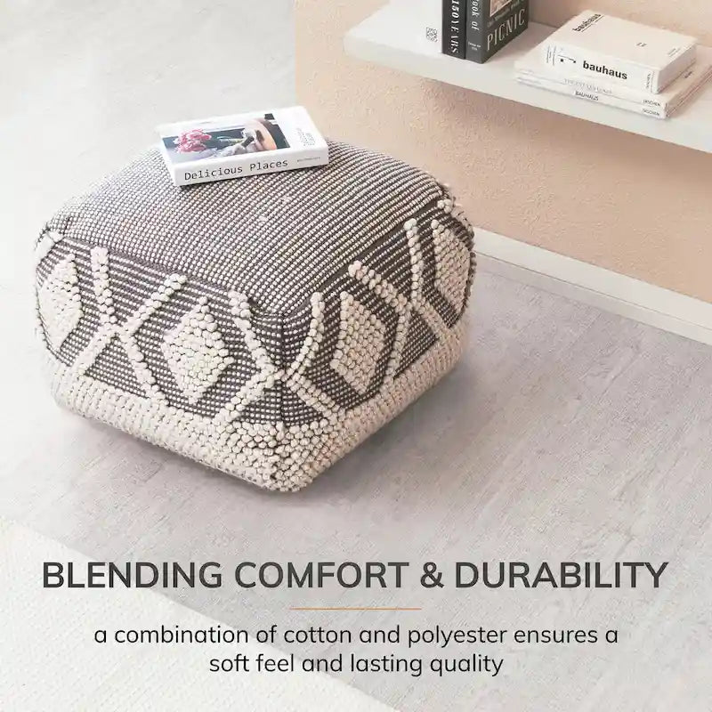 Pouf ottoman carré gris et ivoire de 56 x 56 x 41 cm – Repose-pieds et siège d'appoint pour le salon, la chambre et la chambre d'enfant.