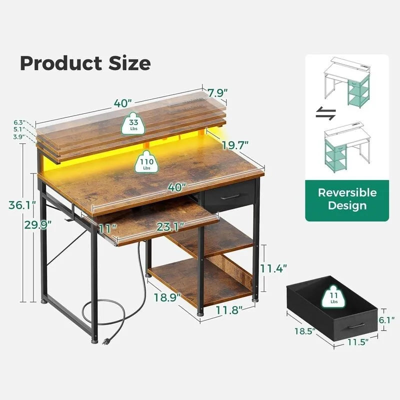 Bureau d'ordinateur de 101,6 cm avec multiprise intégrée