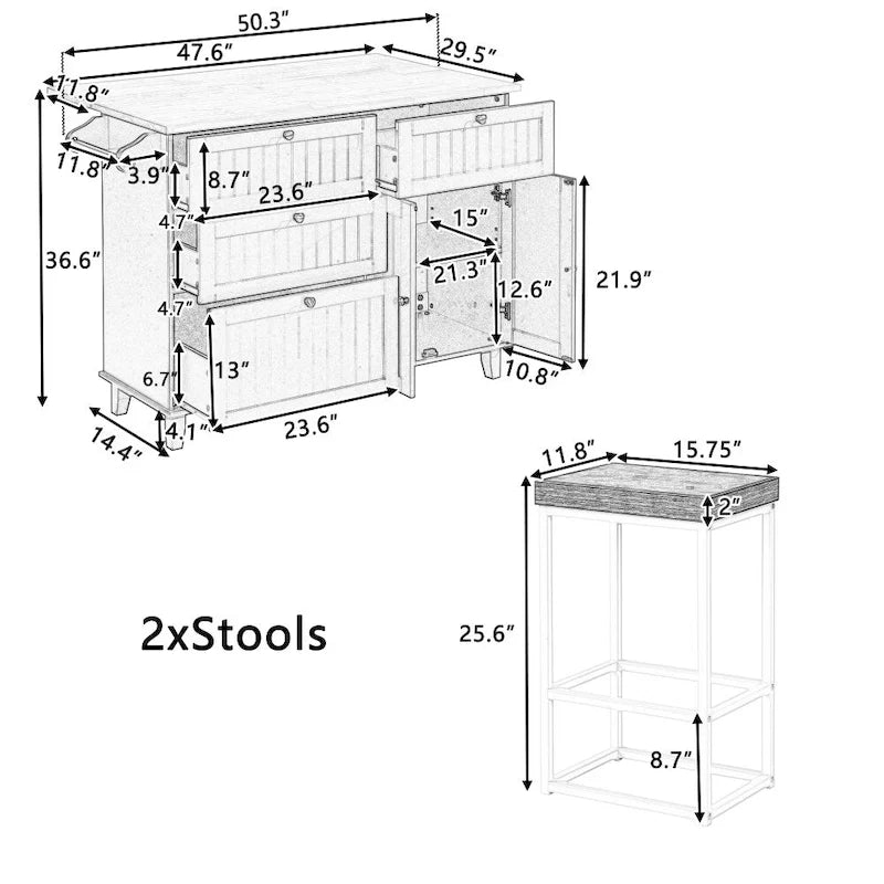 Ensemble îlot de cuisine avec abattant et 2 tabourets