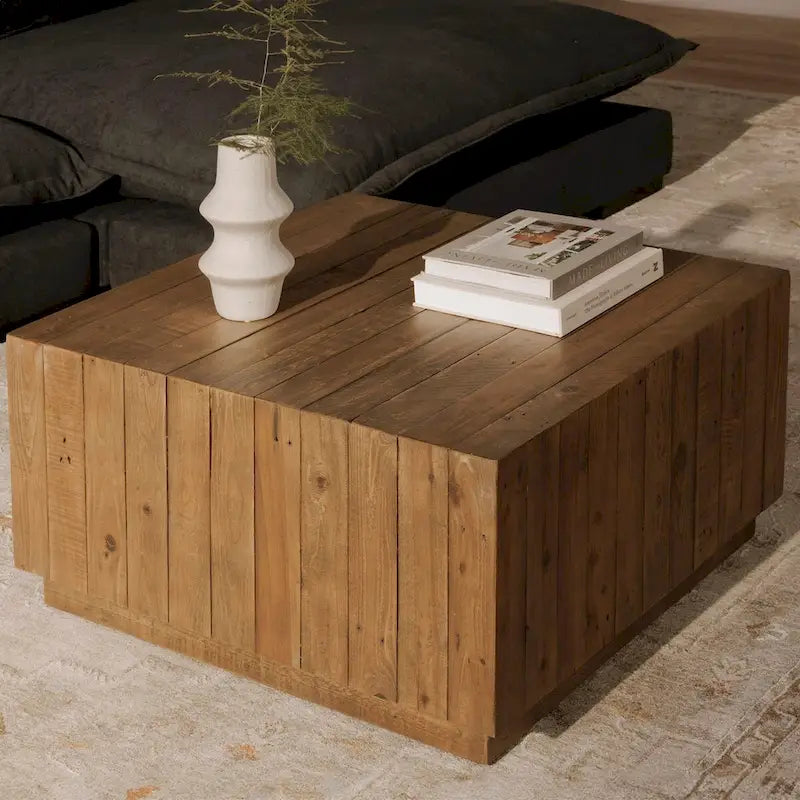 Table basse carrée en bois recyclé avec piédestal, marron - 31,5 x 31,5 x 16